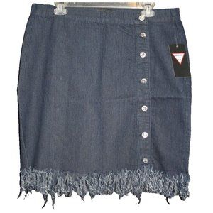 BE-GIRL Womens Denim Blue Jean Skirt Size XL Rhinestone Buttons Fringe Trim NEW
